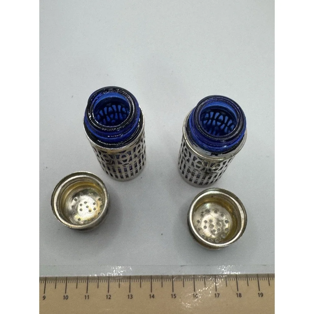 Vtg Silver Cobalt Blue Salt & Pepper Shakers Silver Plate Filigree UK Patent GSA